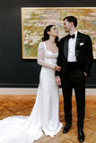 Mermaid Square Neck Long Sleeves White Satin Wedding Dresses