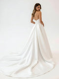 White Satin Long A Line Wedding Dress with Slit