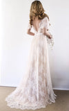 Boho V neck Beach A line Country Elegant Lace Petals Illusion Bell Wedding Dress with Train