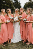 Simple A Line Coral Chiffon Long Bridesmaid Dresses