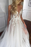 Spaghetti Straps V Neck Lace Appliques A line Tulle Rustic Wedding Dress