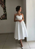 Short Satin Sweetheart Tea length Bridal Dress for Casual Wedding