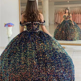 Sequined Ball Gown Off Shoulder Beaded Velvet Quinceanera Dresses