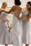 Dusty Rose Satin Sheath Lace Up Back Bridesmaid Dress