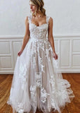 A Line Straps Sweetheart Wedding Dress with Lace Appliques