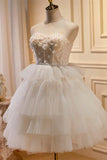 White Tulle 3D Floral Lace A Line Tiered Homecoming Dress