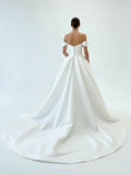 Elegant A Line Off the Shoulder White Satin Wedding Dresses