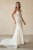 Mermaid V Neck Satin Wedding Dresses with Lace Appliques