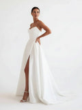 A Line White Sleeveless Satin Wedding Dress With Side Slit