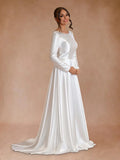 Vintage Satin A Line Bateau Neckline Long Sleeves Bridal Gown Wedding Dresses