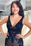 Black Tulle Appliques V Neck Trumpet Long Wedding Dress