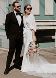 Simple Elegant Half Sleeves Crepe O Neck White Wedding Dresses with Sash