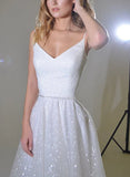 Shiny A Line V Neck Sleeveless Little White Sequined Wedding Dresses