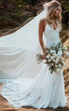 Spaghetti V neck Mermaid Vintage Lace Flowers Sexy Backless Wedding Dress with Train