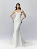 White Simple Sweep Train Boho Long Mermaid Wedding Dress