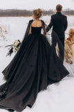 A Line Black Gothic Wedding Dress 3D Flowers Tulle With Cape