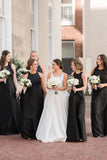 Simple A Line Round Neck Black Satin Long Bridesmaid Dresses