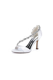 White Satin High Heels with Crystal and Chain Embellishments
