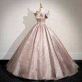 Elegant Ball Gown Pink Beaded Floral Appliques Quinceanera Dress