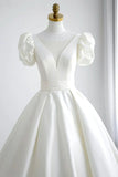 Elegant A Line V Neck White Wedding Dress with Short Sleeves