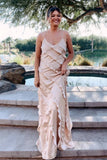 Straps Sheath Champagne Ruffle Maxi Bridesmaid Dress