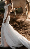 Boho Mermaid Wedding Dress Floral V neck Casual Gown with Open Back and Lace Appliques