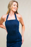 SO QUINTESSENTIAL BODYCON HALTER DENIM MIDI DRESS