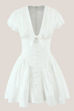 White Cotton A Line V Neck Mini Dress