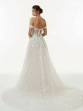 A line Lace Beach Wedding Dress with Off Shoulder Tulle Appliques