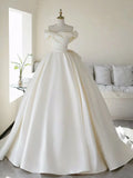 Simple A line Off The Shoulder Satin ivory Long Wedding Dress