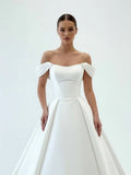 Elegant A Line Off the Shoulder White Satin Wedding Dresses