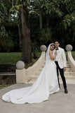Elegant A Line Strapless Satin Wedding Dress with Slit