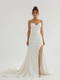 Mermaid Strapless Satin Long Wedding Dress With Slit