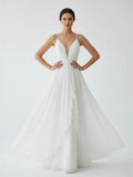 A Line V Neck Straps Spaghetti Sheath Chiffon Wedding Dress