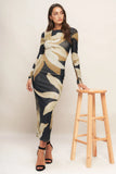 ABSTRACT BOTANICA LONG SLEEVE POWER MESH MIDI DRESS