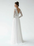 Romantic Modern A Line Floor length Chiffon Lace V neck Long Sleeve Wedding Dress