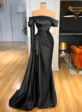 Sheath Off The Shoulder Long Sleeves Satin Sequined Prom Dresses