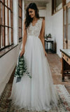 Rustic Boho Elegant A Line Tulle Lace V neck Open Back Floor Length Sleeveless Wedding Dress