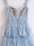 Blue Crystal Sequins Princess A Line Off the Shoulder Prom Dress with Lace Ruffles