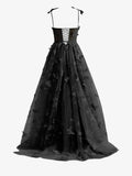 Black A line Butterfly Lace Lilac Corset Prom Dress with Slit