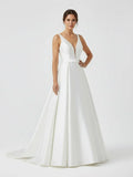 Ivory A Line Deep V Neck Long Wedding Dress with Bowknot