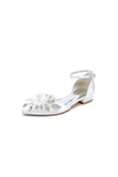White Pointed Toe Ankle Strap Low Heels with Rhinestone