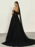 A Line Black Gothic Wedding Dresses with Sequin Lace Appliques