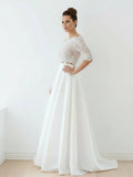 Off The Shoulder Lace A Line Satin Two Piece Wedding Dress With Sweep Train