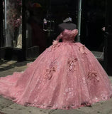 Pink Tulle Ball Gown Off the Shoulder Quinceanera Dresses
