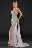 Kendra Gown Silver Dress With Train Skirt Inset Detail