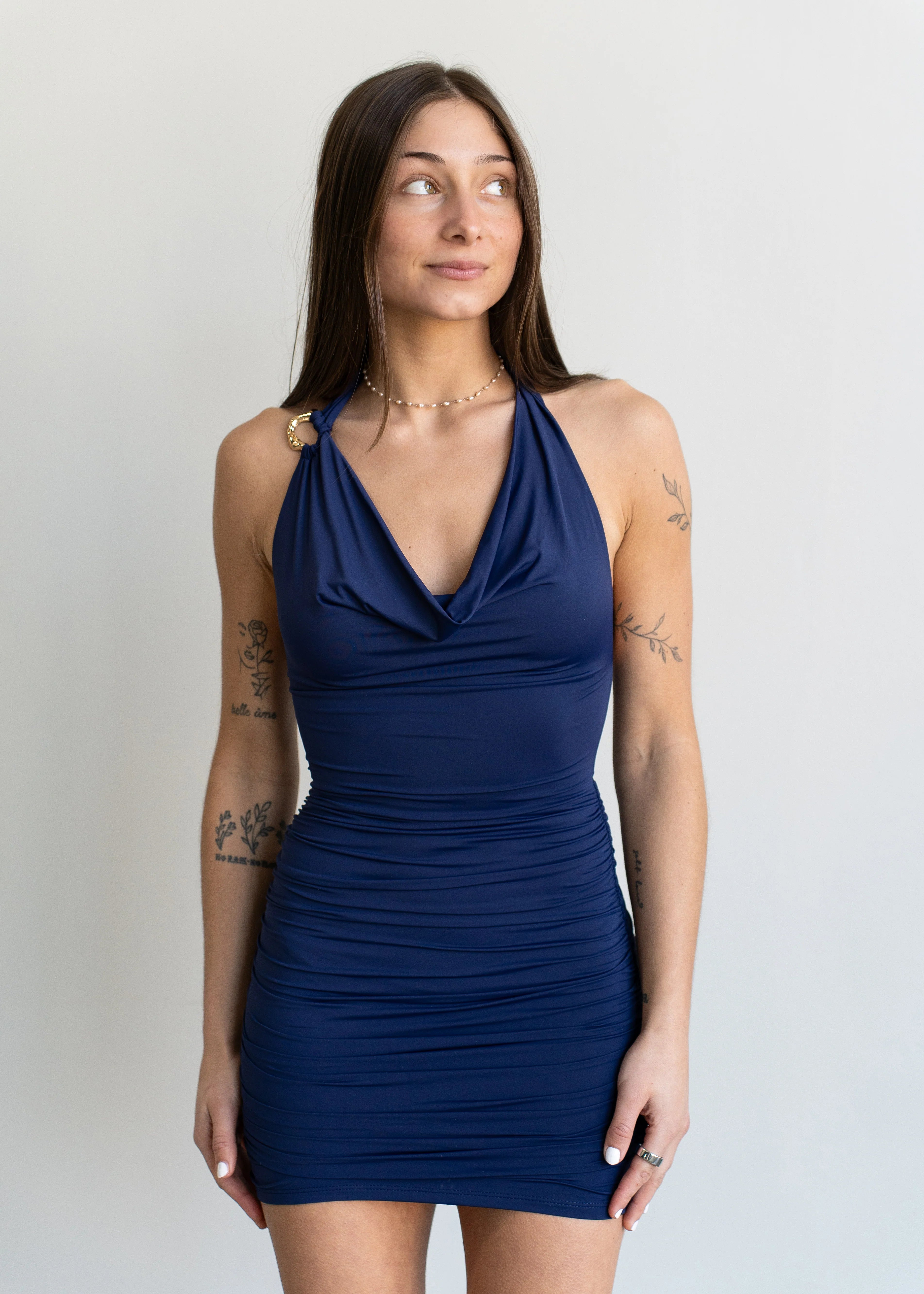 Lucy in the Sky Embellished Cowl Neck Dress in Navy
