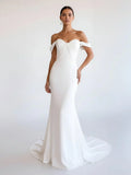 Simple White Mermaid Off the Shoulder Boho Wedding Dress