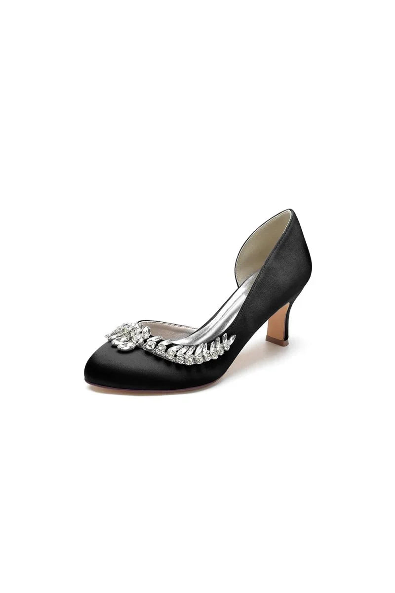 Round Toe Crystal Leaf Chunky Heels