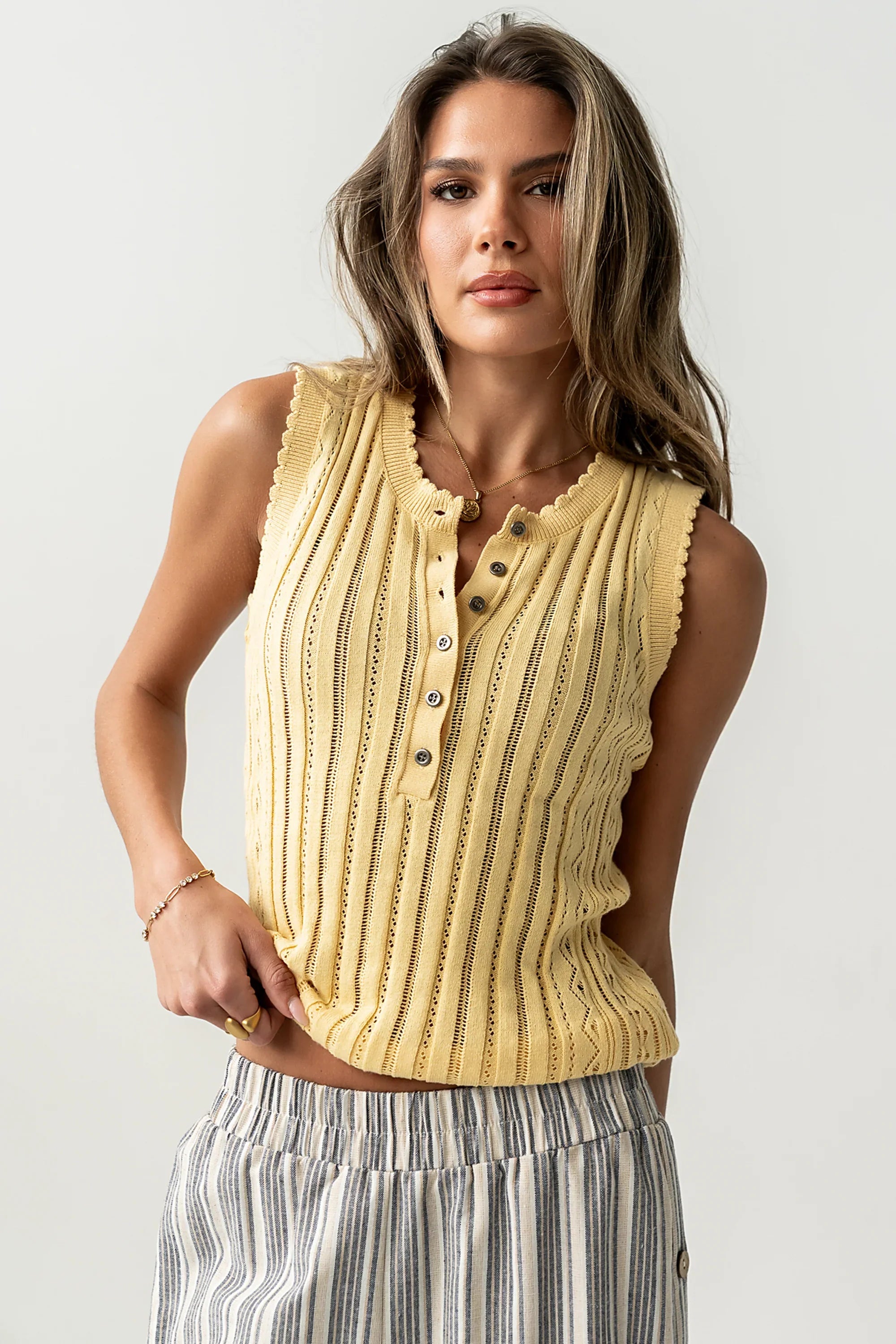 Lina Pointelle Knit Tank in Yellow